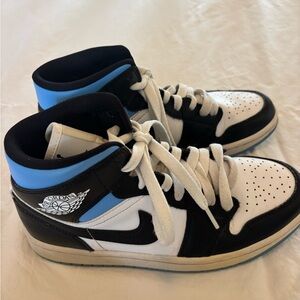 Air Jordan 1 Mid-Top Sneakers in White, Black & Light Blue Unisex